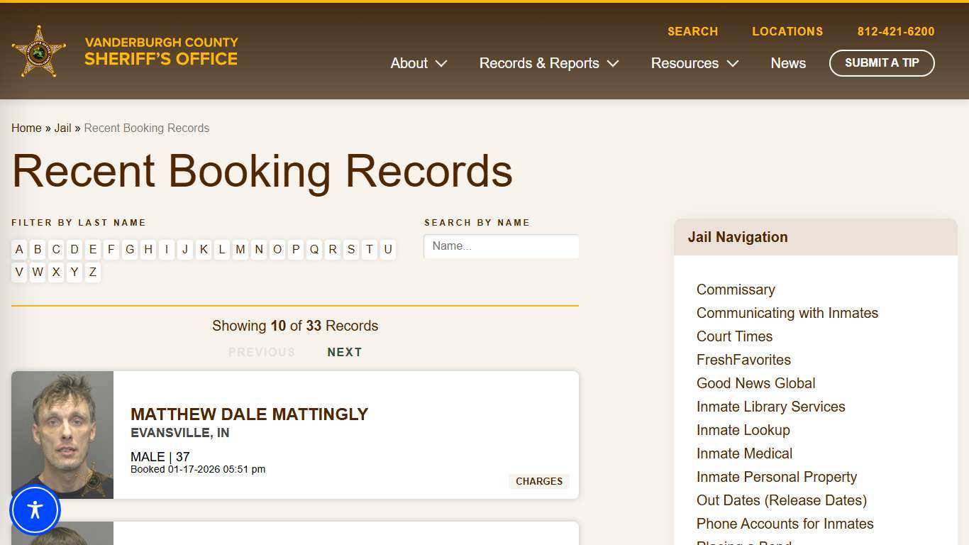 Recent Booking Records - Vanderburgh County Sheriff's Office